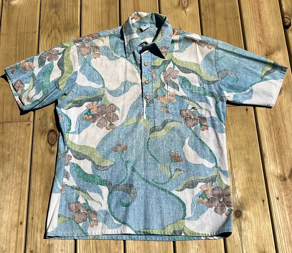 Vintage Hobie Hawaiian Shirt Pullover Buttons Blue Reverse Print Floral 1980s